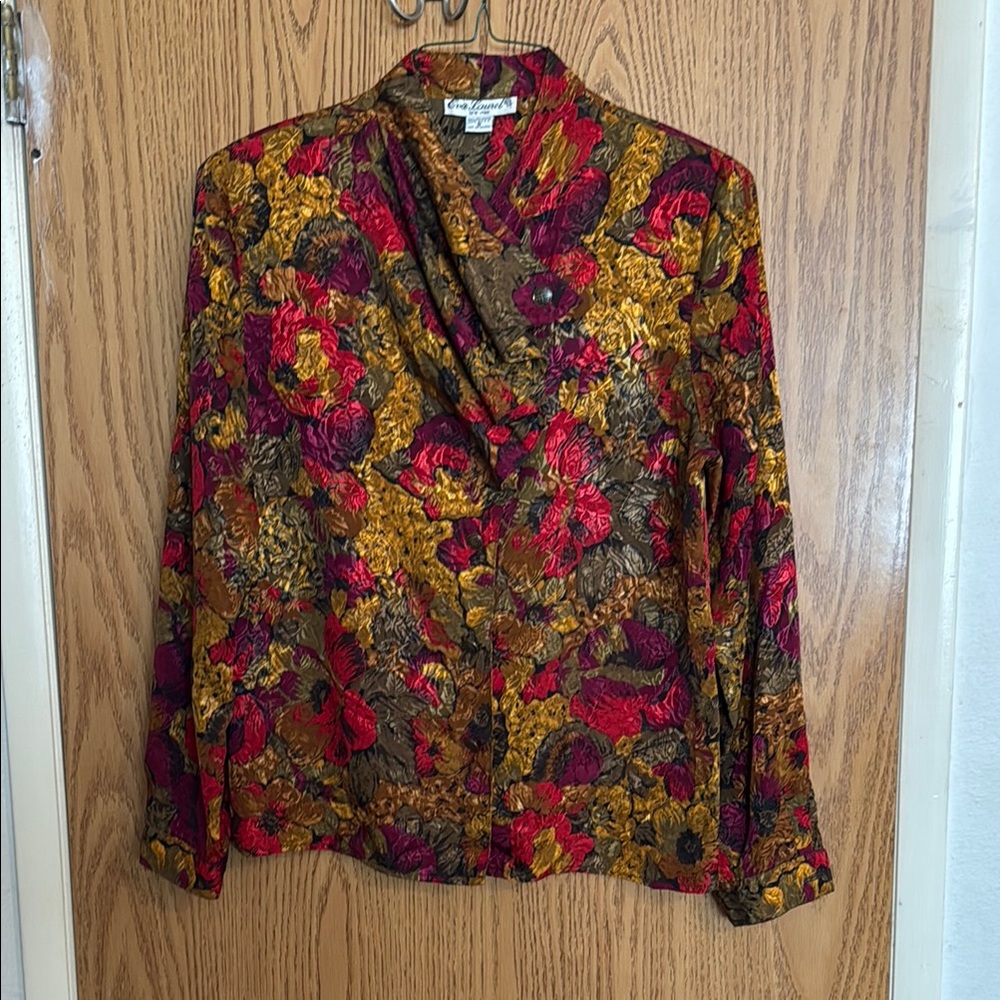 VTG 80s 90s Eva Laurel Button Ruffle Floral Harvest Print Blouse Golden Girls 8